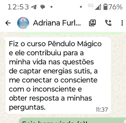 Depoimento de Adriana no WhatsApp sobre o curso Pêndulo Mágico