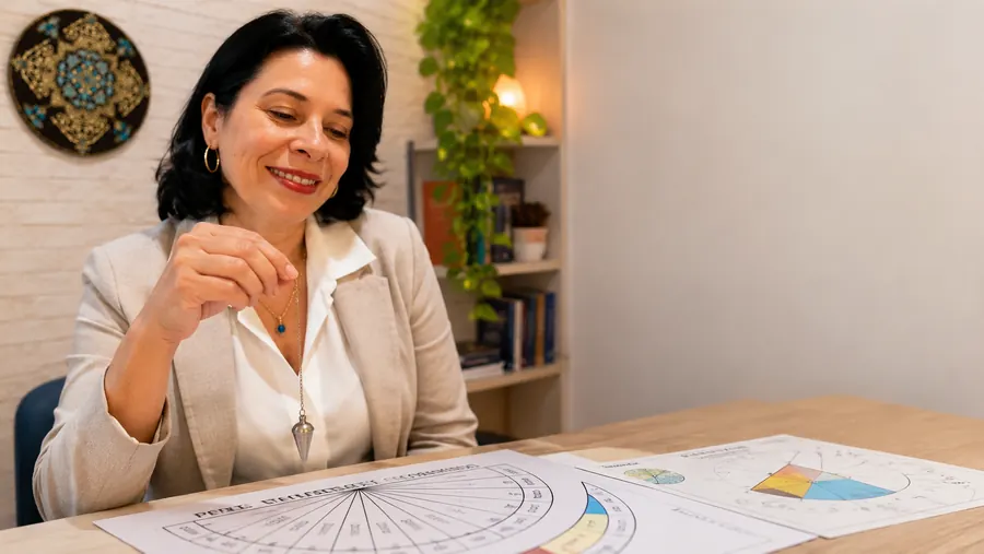 Simone Santos segurando um pêndulo sobre gráficos de radiestesia
