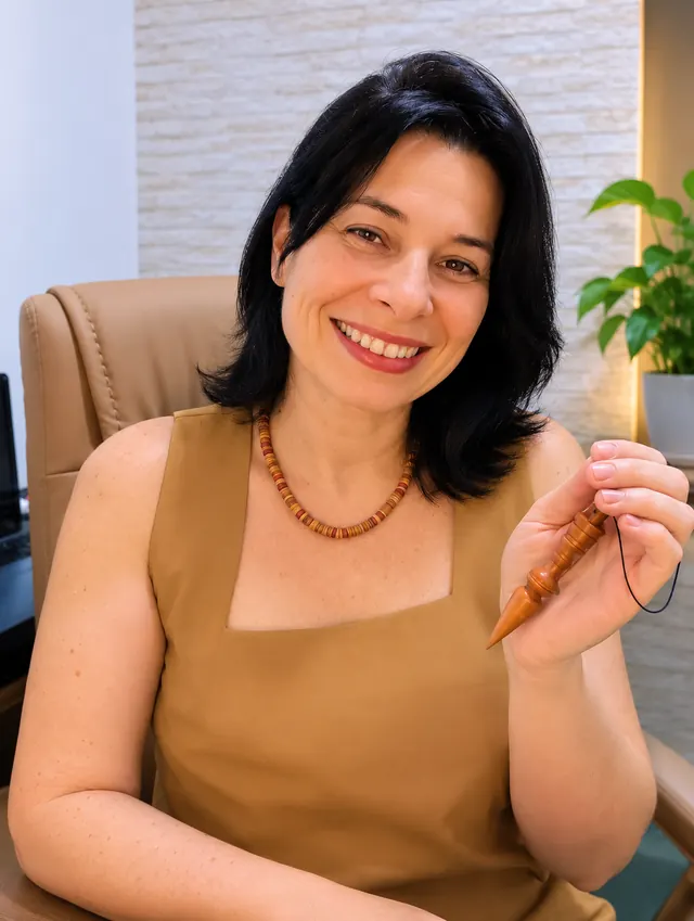 Simone Santos segurando um pêndulo de radiestesia