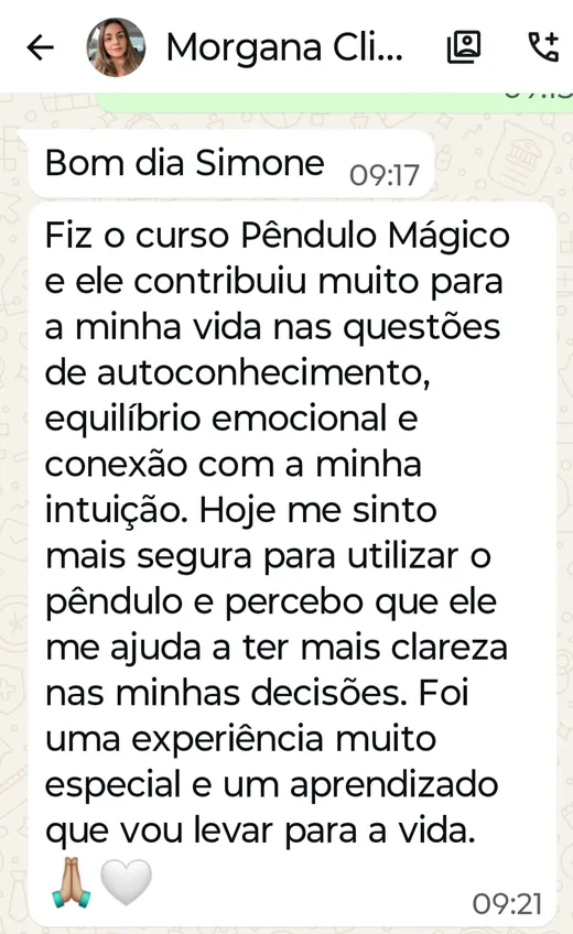 Depoimento de Morgana no WhatsApp sobre o curso Pêndulo Mágico